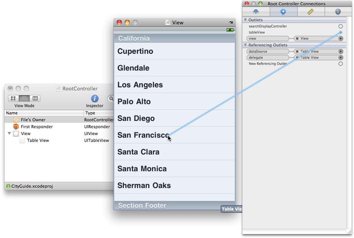 Connecting the tableView IBOutlet in the RootController to the UITableView subview
