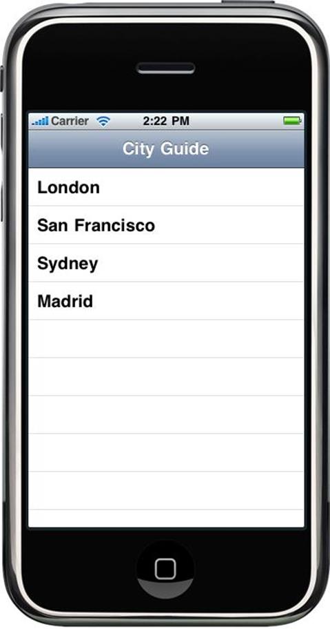 The CityGuide application is starting to look more like an iPhone application after adding a navigation bar