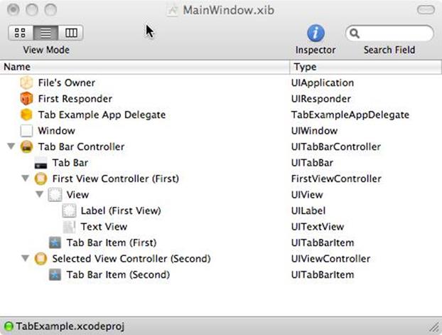 The MainWindow.xib file generated by Xcode as part of the Tab Bar Application template