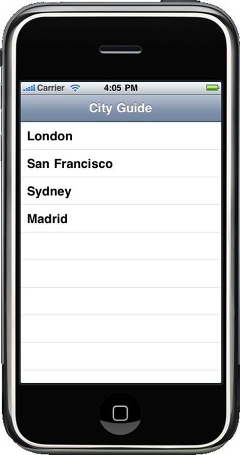 The stripped-down City Guide application, looking a lot like it did in in