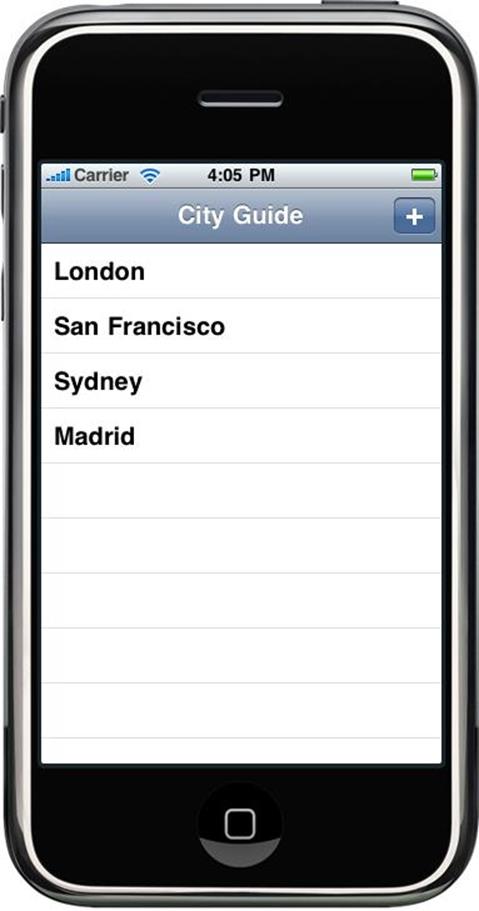 The newly rewritten City Guide application, with our Add button on the right of the navigation bar