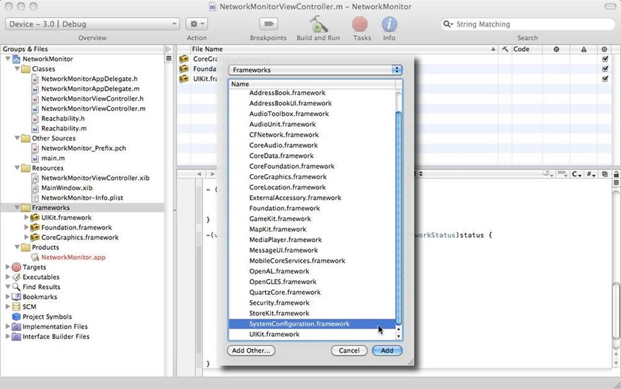 Selecting SystemConfiguration.framework from the list offered by Xcode when adding a new framework to a project