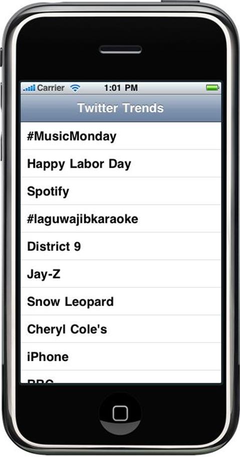 The Twitter Trends application running in iPhone Simulator