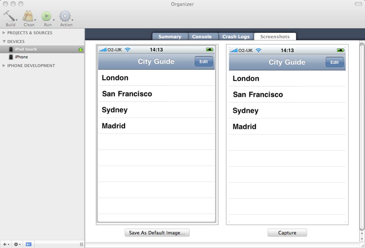 The Xcode Organizer window with a screen capture of the City Guide application’s UI