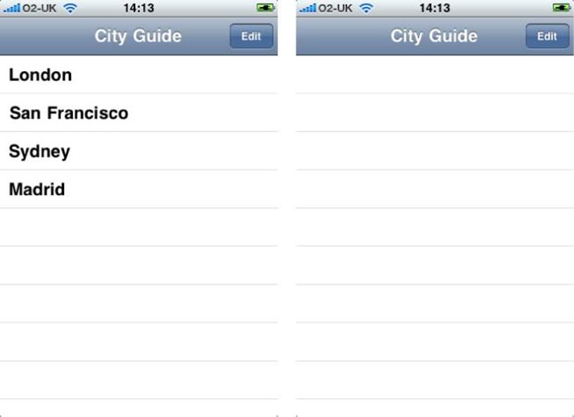 A screen capture of the opening screen of the City Guide application (left), and the modified version (right) without the city entries