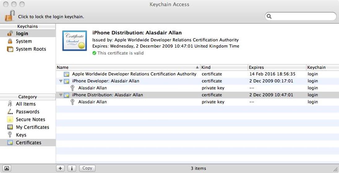 The Keychain Access application showing the newly installed distribution certificate needed by Xcode for ad hoc or App Store distribution