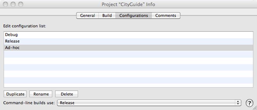 Creating an ad hoc configuration in the Xcode Project Info window