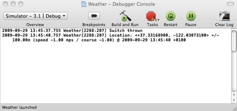 The Weather application reporting the current location (of iPhone Simulator) when the flipside switch is thrown