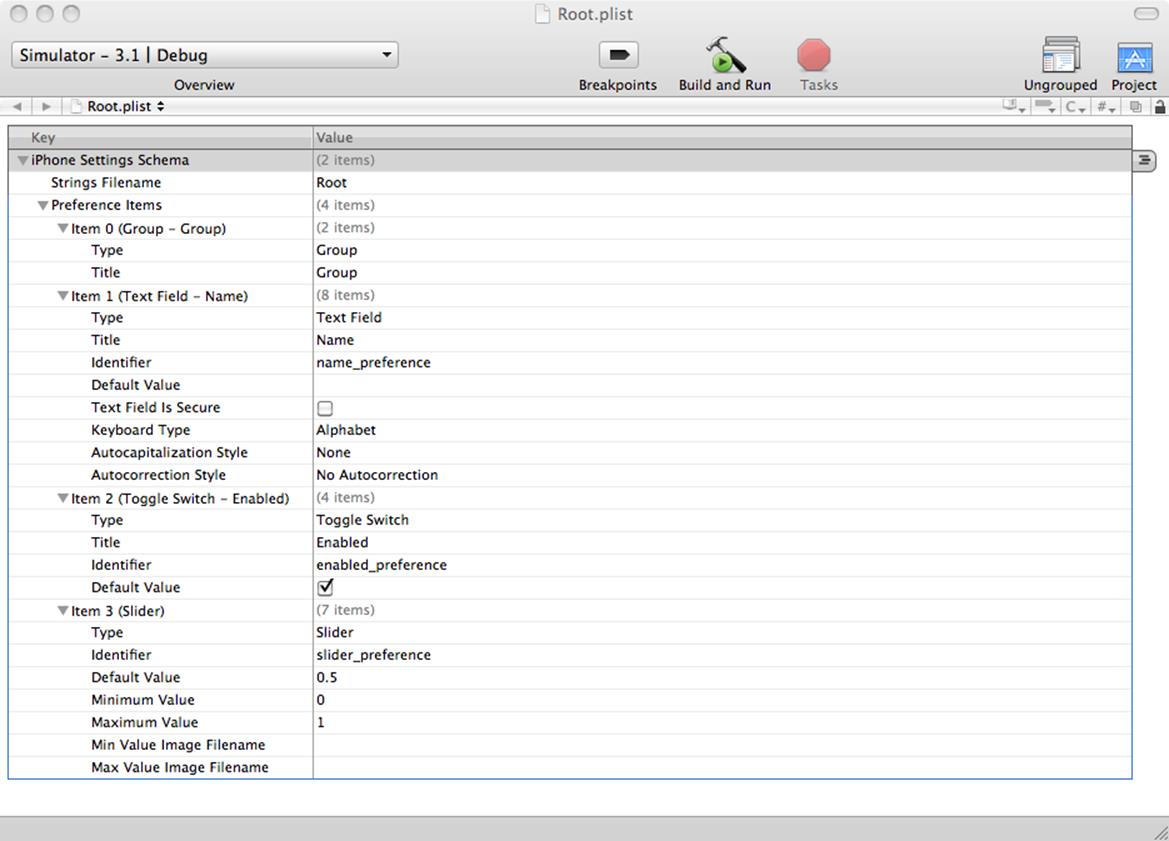 The Root.plist file formatted using the View→Property List Type→iPhone Settings plist from the Xcode menu bar