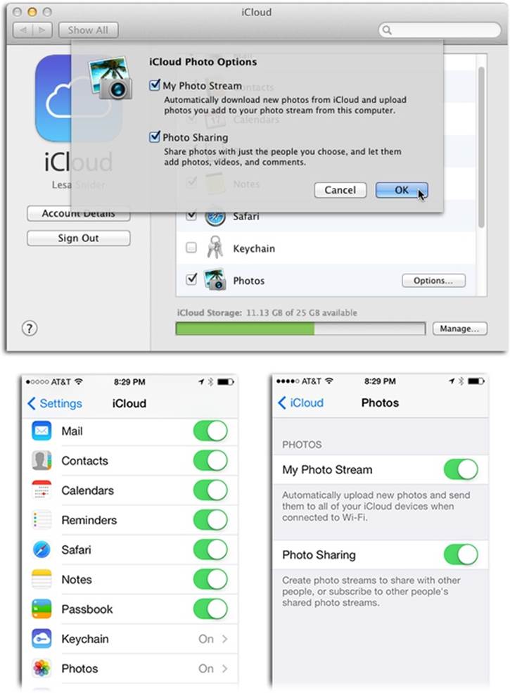 Top: Once you sign up for iCloud, you can choose what info to store remotely—your email, contacts, calendars and so on. Turn on the Photos setting and then click the Options button next to it to reveal the pane you see here. Turn on My Photo Stream to start syncing your photos between your Mac and iOS devices. Photo Sharing (page 198) lets you share photos with other people, who in turn can contribute photos, videos, and comments that you can see in iPhoto on your Mac.Bottom: On your iOS device (which must be running iOS 5 or later), open the Settings app and scroll down to the iCloud icon. Tap it and then scroll to Photos. Tap Photos and, on the resulting screen, turn on My Photo Stream.