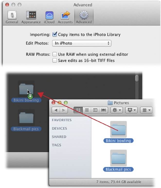 Top: The Importing setting shown here lets you specify whether you want iPhoto to duplicate imported photos from your hard drive so that it has its own library copy. (If you turn off this checkbox, iPhoto simply tracks the photos in their current Finder folders.)Bottom: When you drop a folder into iPhoto, the program automatically scans all the folders inside it, looking for pictures to catalog. Depending on your Preferences settings, it may create a new Event (Chapter 2) for each folder it finds. iPhoto ignores irrelevant files and stores only the pictures that are in formats it can read.