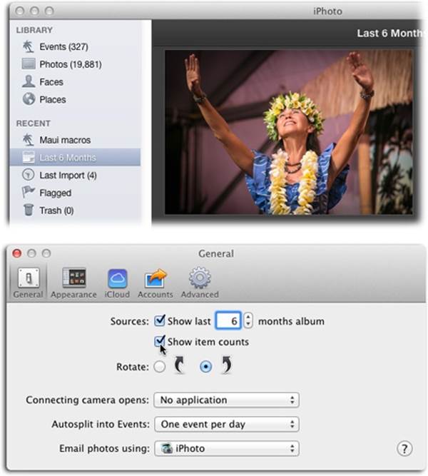 You can specify how far back the “Last_Months” album goes in the General panel of iPhoto Preferences window (bottom). And don’t forget that iPhoto isn’t limited to grouping pictures by year. It can also show you the photos you took on a certain day, in a certain week, or during a certain month. See page 78 for details.While you’re in General Preferences, don’t miss the “Show item counts” setting. It places a number in parentheses after each album name in the Source panel (except for smart albums and the “Last _ Months” album) to let you know how many pictures are inside. By turning on this checkbox, you can find out whether you’re certifiably snap happy.