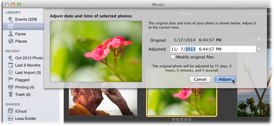As long as you don’t turn on “Modify original files,” the real shot date of your photo remains intact as part of its metadata (page 43). To change the date of an Event, select its thumbnail in All Events view and then open this dialog box. This kind of thing is handy if you got the photos from someone else and they were modified in another program, or if your camera’s date/time stamp is off kilter.