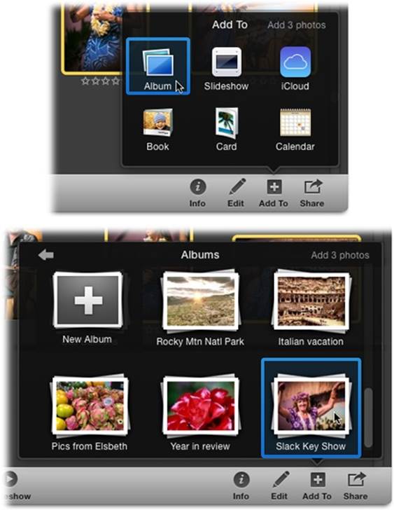 Top: When you click the Add To icon at the bottom of your iPhoto window, a menu opens that lets you add the selected photos (or Event) to an album, slideshow, project, and so on.Bottom: When you click Album, another menu appears that lets you create a new album or pick an existing one to receive the selected photos.
