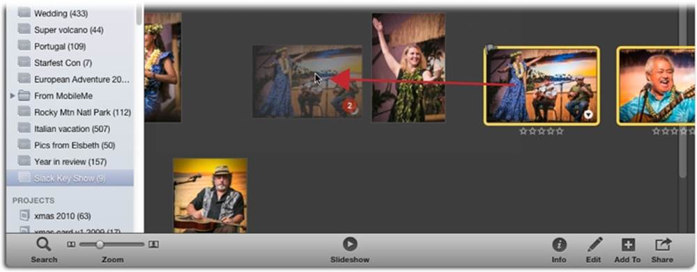 Drag to reorder photos within an album. When you do, surrounding photos scoot apart to make room. Here, two photos are being dragged leftward (the red circle indicates the number being moved). Release your mouse button when you’ve got them in the right spot.