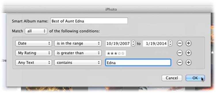 This panel is really just a powerful search command that lets you specify your search criteria. For example, with the settings shown here, iPhoto will hunt for highly rated photos taken during a certain time period that also include certain text.