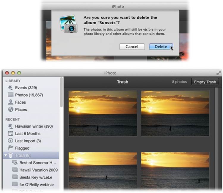 Top: When you try to delete a picture, iPhoto asks if you’re sure (though you can bypass the confirmation message by turning on Don’t Ask Again); if you click Delete Photo to confirm that you are, then iPhoto merely plops the file into its Trash folder. However, when you try to delete an album or a project, iPhoto always asks for confirmation, as shown here.Bottom: Clicking the Trash icon in the Source list shows you all the photos awaiting obliteration and displays the total number of files at the top right of the iPhoto window. If you really want to delete them from your hard drive, click Empty Trash.