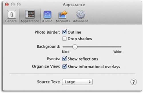 You can revert to the look of iPhotos of yore by changing the background color to light gray (it remains dark gray in All Events view), but would you really want to?If you’re tempted, consider that Apple gave iPhoto a dark-gray background for a reason—it’s easier on your eyes and gives you a more accurate sense of color (by eliminating other distracting colors).