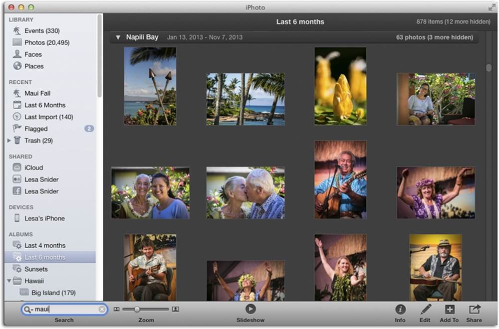 Click Search at the left end of iPhoto’s toolbar to open the Search box. As you type, iPhoto hides all the pictures except ones that have your typed phrase somewhere in their titles, keywords, descriptions, Faces, Places, filenames, or Event names. In this case, the word “maui” appears somewhere in every photo.To cancel your search and see all the pictures again, click the X on the right side of the Search box.