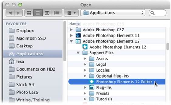 In the Advanced pane of iPhoto’s Preferences, you can use the Edit Photos pop-up menu to specify your favorite editor: “In iPhoto” or “In application….” Clicking the latter summons the Open dialog box shown here, where you can navigate to the other program (in this case, Photoshop Elements). Once you pick the program, iPhoto chooses it for you in the pop-up menu.From now on, entering Edit view will launch the other program (if it’s not already running) and open your photo as a new document there. While you can’t step back through the changes you make in the other program, iPhoto lets you revert to the original photo.