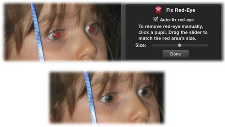 Top: When you click Fix Red-Eye in the Quick Fixes panel, instructions appear telling you what to do: Click carefully inside each affected pupil.Bottom: Friends and family members look more attractive—and less like Star Trek characters—after you touch up their phosphorescent red eyes with iPhoto.