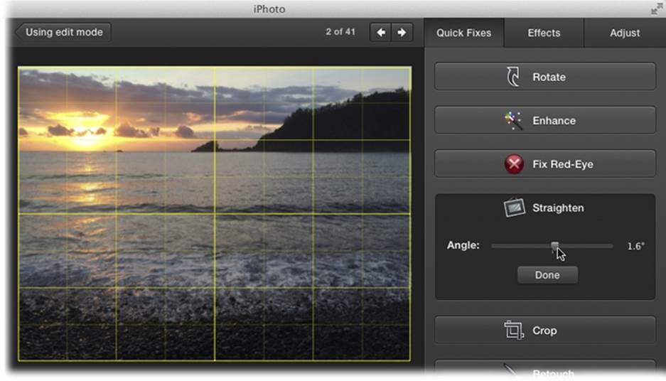 When you click the Straighten button, iPhoto superimposes a yellow grid on your picture, as shown here. By moving the Angle slider in either direction, you rotate the image.You can use the yellow grid to help you align the horizontal or vertical lines in your photo.
