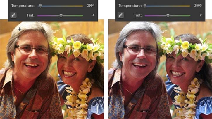 Left: Click the eyedropper to activate the Automatic Color Adjustment tool, and then position the + cursor on a neutral gray or white area and click once.Right: iPhoto adjusts the whole photo’s color for you, as shown here, and eradicates the yellow color cast.