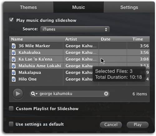 The Music panel lets you choose a playlist or individual songs from your iTunes library (depending on what you pick from the Source menu shown here). By clicking the column headings, you can sort the song list by name, artist, date, or length. You can also use the Search box to pinpoint an individual song or artist, as shown here. To select several songs, ⌘-click each one. Point your cursor at a song to have iPhoto tell you the duration of the songs you’ve chosen.If you have a long slideshow, you can use the Source menu to choose an iTunes playlist rather than a single song. iPhoto repeats the song (or playlist) for as long as your slideshow lasts.
