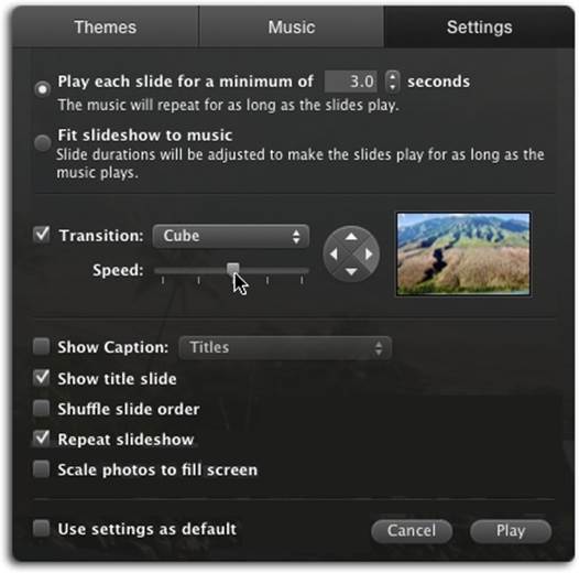 The controls in the Settings panel let you fine-tune the timing and transitions between slides. (Depending on your theme, you may not see all these options.) Turn on the Transition setting and then use the pop-up menu to test different effects for getting from one slide to the next.In the lower part of the panel, you can tell iPhoto whether to display the titles, locations, and descriptions you may have spent hours adding to your photos.Turn on “Use settings as default” if you want to save your tinkerings. “Default” here doesn’t mean that iPhoto will use these settings for all your slideshows—just this one.