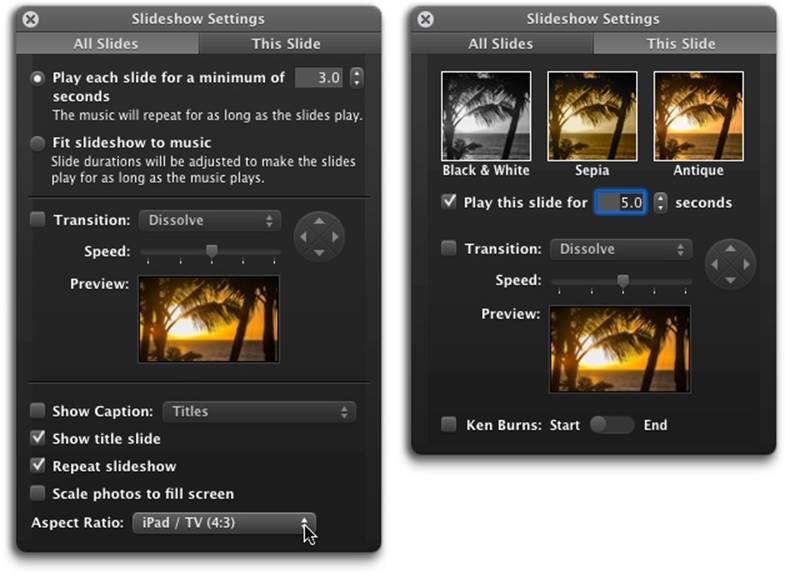 Left: The Slideshow Settings panel’s All Slides pane offers a few options that you don’t see when creating an instant slideshow. Everything here is wired for a single purpose: to establish the standard settings for every slide in the show.Right: Of course, you can override these settings on a slide-by-slide basis. The This Slide panel lets you change the color-treatment of individual slides to black & white, sepia, or antique; adjust the speed of a transition; and control the amount of time a slide stays onscreen.