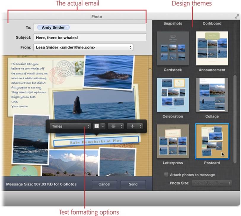 Behold, iPhoto’s design themes for email! Choose one by clicking it in the Themes panel on the right. The left side of the window lets you fill in your email’s blanks. The address field automatically pulls from OS X’s Contacts and attempts to fill in the correct address once you start typing. Click within the message area to see formatting options; the pop-up menus let you change the font, size, and alignment of the text in your message (you have to highlight the text to change it). This example uses the Postcard theme, which gives you a message and exactly one captioning opportunity (for your prized shot!).