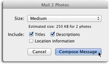 The Mail Photo dialog box not only lets you choose the size of photo attachments, but it also keeps track of how many photos you’ve selected and estimates how large your attachments are going to be. Turn on “Location information” to have the email display any Places tags you’ve added to your photos (see Chapter 4). You can also choose to include their titles and descriptions.