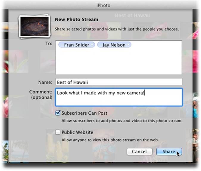 Here’s where you decide who gets to see your photo stream and whether it’s an art gallery that they can look at but not modify or a photo-exchange system.In the To field, enter the names or email addresses of up to 100 people. Once you start typing, iPhoto tries to fill it in for you by accessing your Mac’s Contacts. (You don’t need to assign a password to your photo stream because the stream is by invitation only.) And if you want the whole world to see what you (and your invitees) post, then turn on the Public Website option.