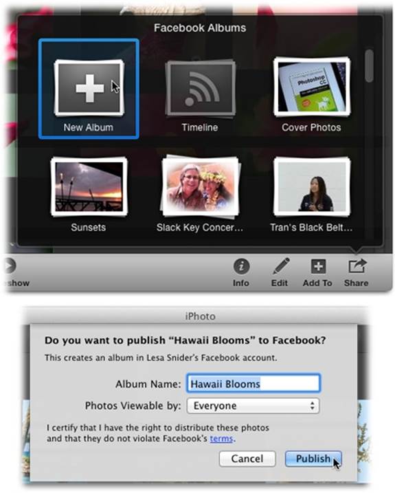 Top: Once you’ve logged into Facebook, the Share menu repopulates itself with the contents of your Facebook account (if you’ve posted a lot of photos, it’ll take a moment or two). From here, you can add a new Facebook album, post the selected photos to your Timeline, or add them to an existing album.Bottom: iPhoto lets you manage privacy options on a per-album basis, so you’ll see this pane each time you upload photos to Facebook.You can also use iPhoto to change your Facebook profile picture. Page 214 tells you how.