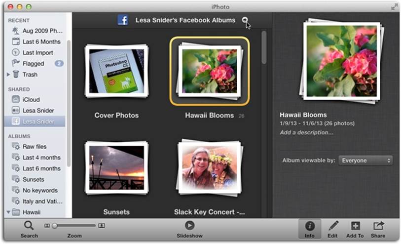 Once you connect iPhoto to your Facebook account, you see a new icon in the Shared section of your Source list, bearing your account’s name. Click it to see every album you’ve ever published on Facebook, whether or not you did so via iPhoto (Timeline posts don’t appear here).Visit your Facebook page on the Web by clicking the arrow next to your Facebook account’s name at the top of the iPhoto window.