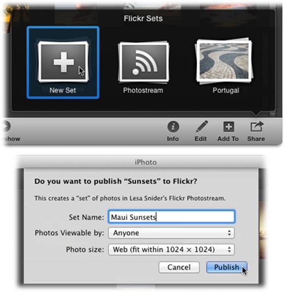 Top: What iPhoto calls “albums” Flickr calls “sets,” and you can create as many of them as you want. They’re great for organizing images, especially if you plan to upload often. Alternatively, you can just publish photos straight into your Flickr photostream (think of it as a giant bucket that stores all your uploaded photos, similar to Facebook’s Timeline).Bottom: Before it publishes the photos to your Flickr page, iPhoto wants to know what size to make them. Web and Optimized upload the fastest. Actual Size takes time if you have a lot of big shots to publish.