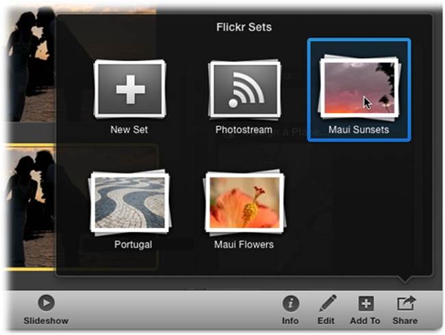 After you’ve created a Flickr set, you can easily add more photos to it. However, iPhoto doesn’t let you drag and drop them or use the Add To button; you have to click the Share button in the toolbar (or choose Share→Flickr instead).