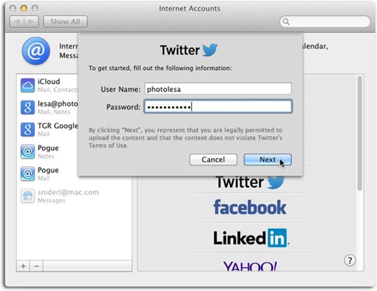 Enter your Twitter username and password, and then click Next. When you do, another pane appears announcing all the wonderful places in OS X from which you can tweet. Click Sign In.As you can see in the background here, you can set up all manner of social media accounts via your Mac’s system preferences.
