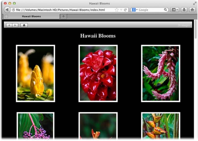 Here’s what a web page exported straight from iPhoto looks like. Just click any photo to see a larger version of it.This no-frills design is functional, but not particularly elegant. The only things you can control are the number of photos per row, the text and background colors, and whether the photos’ titles or descriptions are displayed. On the other hand, the HTML code behind this page is 100 percent editable.