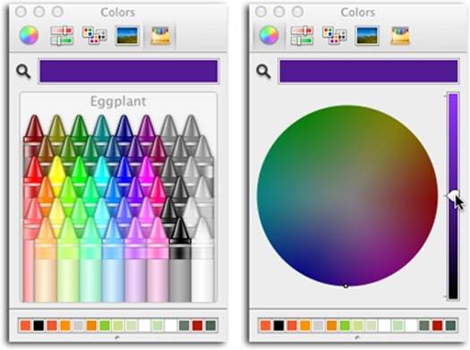 Left: If you’re not a fan of OS X’s standard Color Picker layout, click one of the icons at the top of the dialog box. The crayon picker shown here is both easy to use and offers creative color names, like Eggplant.Right: In the standard layout, drag the slider on the right up and down to view lighter and darker colors.