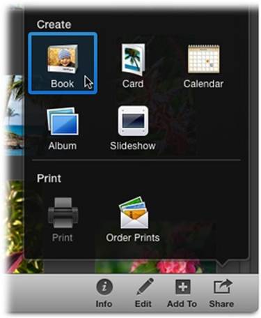 You can use the Share menu to begin any project discussed in this chapter.Creating a project is a fantastic excuse to use Full Screen view. Just click the at the top right of iPhoto’s window to gain tons of elbow room.