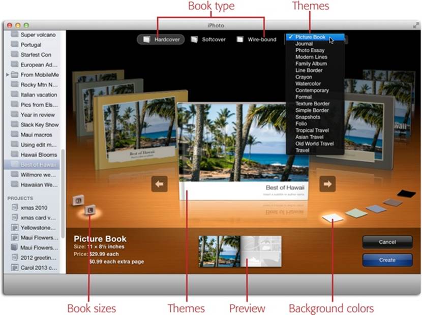 iPhoto’s project-design workspace is easy to use. You can change all of these settings later, even after you’ve started laying out book pages. But if you have the confidence to make these decisions now, you’ll save time, effort, and (if you want captions for your photos) a lot of typing.As you scroll through the designs (by pressing the arrow keys on your keyboard or by using gestures), the bottom of the window displays a preview of what your book would look like if you pick that theme.