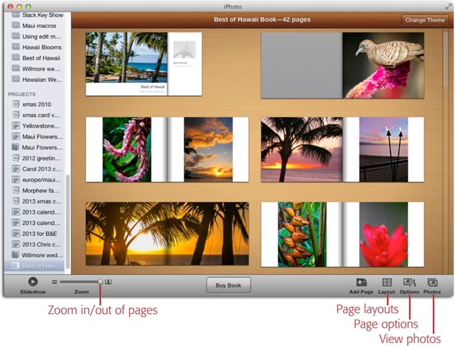 This is what iPhoto’s miniature page-layout program looks like in All Pages view. You can always swap themes—or even book type—by clicking Change Theme in the upper right.You can drag pages to reorder them, and use the Zoom slider to make the pages bigger or smaller. The options at the bottom right let you add pages, view different layout designs for each page, see page-specific options, or see all the photos you selected for your project.