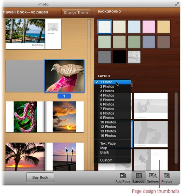 Top: Click a page in All Pages view, and then click Layout in the toolbar to reveal the panel shown here, which lets you specify the background color for certain pages (front and back cover, flaps, and pages that allow captions), and how many photos you want on the selected page.The Layout section changes to show you the different page designs for the quantity of photos you pick. Both the number of photos and page designs change according to the page type you’ve chosen on the left. (You get fewer options for specialized page types like Cover, Flaps, Maps, and Text Pages.)