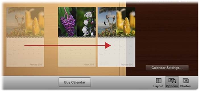 You can rearrange the pages of your calendar in this view; just click and drag the pages, as shown here. When you’re working on a calendar project in All Pages view, you can return to the calendar’s settings by clicking Options in the toolbar and then clicking Calendar Settings (it doesn’t matter whether you have any calendar pages selected).