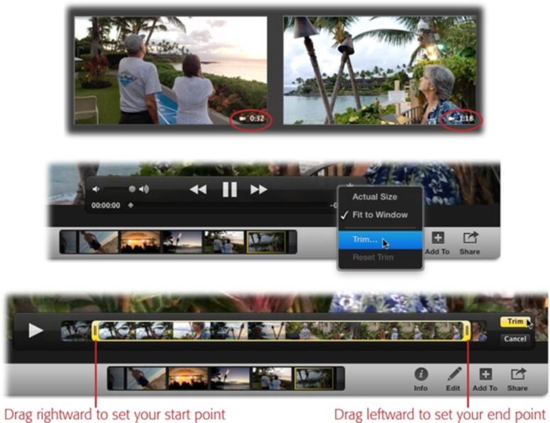 Top: iPhoto indicates videos by putting a tiny camcorder icon at the bottom left of their thumbnails. The number on the right side represents the movie’s duration.Middle: When playing a video, click the to reveal this menu.Bottom: When you’ve positioned the yellow handles just right, click the Trim button. (You can also move around within your movie by swiping a finger across the top of your Magic Mouse or Magic Trackpad.)
