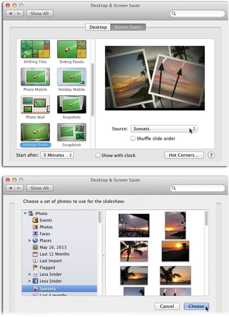 Top: OS X gives you 14 photo-based screensaver themes; just click the one you want to use. Your Mac turns your photos into a smooth, full-screen slideshow and previews it on the right. Here, the theme is set to Vintage Prints, in which your photos don white borders and appear on your desktop, one by one or two by two (depending on their orientation), in a big stack.To show your photos in random order, instead of how they’re organized in the album, turn on “Shuffle slide order.” Turn on “Show with clock” to have your Mac display the current time whenever the screensaver is playing (you don’t see the clock in the screensaver preview).Bottom: To access your iPhoto world, choose Photo Library from the Source pop-up menu. When you do that, a new pane appears containing all your albums on the left. To peek inside, click an album to see its contents on the right.