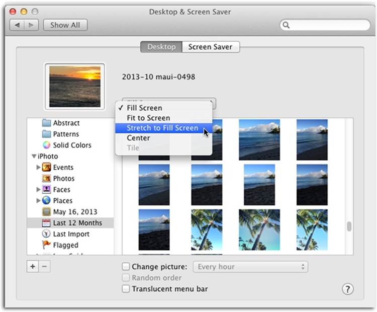 If your photo doesn’t fit the screen perfectly, choose a different option from this pop-up menu. In most cases, though, the factory setting of Fill Screen works just fine.While you’re in the Desktop & Screen Saver window’s Desktop pane, you might notice that all of your iPhoto albums are listed below the collection of images that came with your Mac. You can navigate through those albums to find a new desktop image.