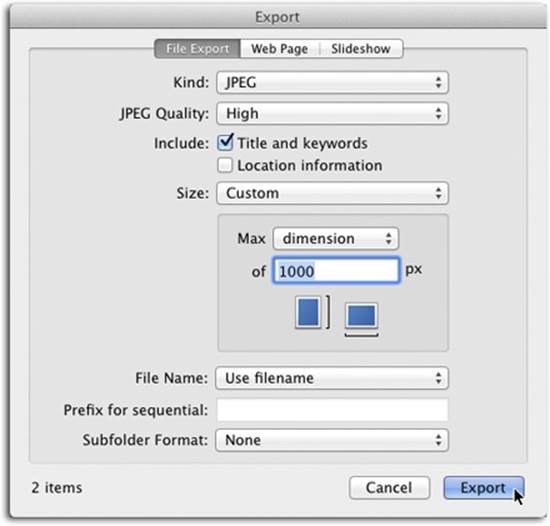 The Export dialog box gives you control over the file format, names, and dimensions of the pictures you’re about to extract from iPhoto. You can also include the photo’s map coordinates by turning on Location Information. You can even tell iPhoto to use whatever names you gave your pictures, instead of the original filenames bestowed by your camera. To do so, choose “Use title” from the File Name pop-up menu.And don’t miss the Size pop-up menu’s Custom option, which lets you export scaled-down versions of your photos for use in web pages, as desktop pictures, and so on.The number of photos you’re about to export appears in the dialog box’s lower left.