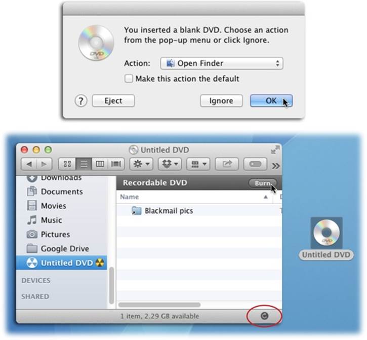 Top: You might not see this dialog box if you’ve fiddled with your Mac’s “CDs & DVDs” System Preferences. If you do see it, you can bypass it next time by turning on “Make this action the default.”Bottom: Click the disc’s icon in the sidebar and then, at the bottom of the window, you can see how much free disc space you’ve got left (if any). (In this example, there are 2.29 gigabytes left on the DVD.) Click the icon circled here to refresh the free-space value as you add or remove files.